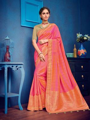 Drape this Pink color two tone silk fabrics saree. this gorgeous saree featuring a beautiful mix of designs. look gorgeous at an upcoming any occasion wearing the saree. Its attractive color and heavy designer embroidered and silk saree, stone design, beautiful floral design all over work over the attire & contrast hemline adds to the look. Comes along with a contrast unstitched blouse.