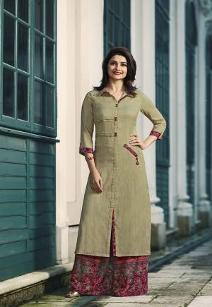 Simple And Elegant Looking Designer Readymade Plazzo Set Is Here In Light Olive Green Colored Kurti Paired With Contrasting Magenta Pink Colored Plazzo. Its Top And Bottom Are Rayon Based Which Is Soft Towards Skin And You Can Choose Your Sizes As Per Your Comfort As It IS Avilable In All REgular Sizes. 