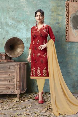 If Those Readymade Suit Does Not Lend You The Desired Comfort Than Grab This Dress Material Fabricated Chanderi Cotton Top Paired With Cotton Bottom And Chiffon Dupatta, And Get This Stitched As Per Your Desired Fit And Comfort. Buy This Dress Material Now