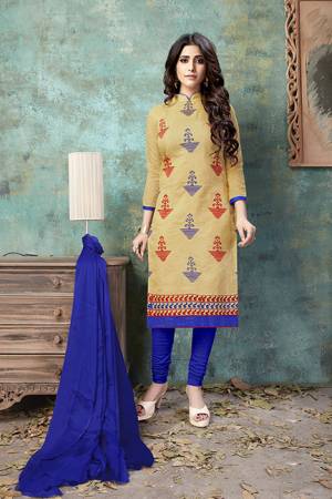 his Summer Feel Super Comfy With These Cotton Based Straight Suit. This Pretty Dress Material Is Fabricated On Chanderi Cotton Top Paired Cotton Bottom And Chiffon Dupatta. It Is Beautified With Thread Work. Get This Stitched As Per Your Desired Fit And Comfort. 