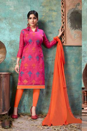 For Your Semi-Casual Wear, Grab This Pretty Chandri Cotton Based Dress Material Paired With Cotton Bottom And Chiffon Dupatta.Get This Stitched As Per Your Desired Fit And Comfort. Its Top Is Beautified With Contrasting Thread Work. Buy Now