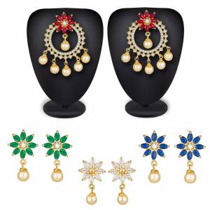 Grab This Beautiful Earrings Set golden Color With Different Colored Stones. This Pretty Set Is In Combo Pack Which Comes With Multiple Color Adjustables, To Pair Them As Per Your Attire Color.