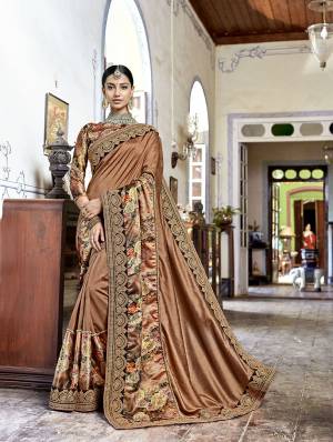 New Pattern With Hevy Look Designer Saree Is Here In Beige Color Paired With Brown Colored Blouse. This Saree IS Fabricated On Art  Silk Paired With Satin Silk Fabricated Printed Blouse. Buy This Saree Now.