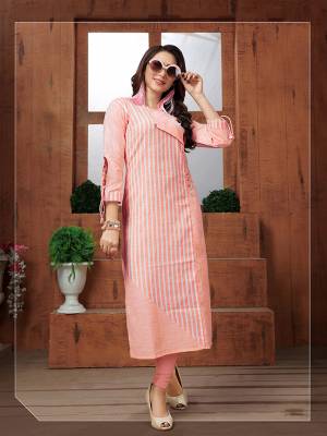 Here Is A Very Pretty Readymade Kurti In Peach Color Fabricated On Khadi Cotton Beautified With Lining Prints All Over. It Is Available In All Regular Sizes. Buy Now.