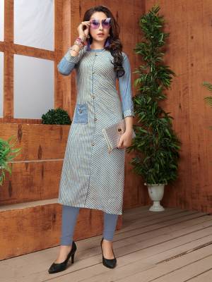Here Is A Very Pretty Readymade Kurti In Blue Color Fabricated On Khadi Cotton Beautified With Lining Prints All Over. It Is Available In All Regular Sizes. Buy Now.