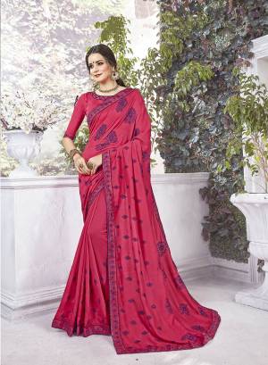 Shine Bright In This Designer Dark Pink Colored Saree Paired With Dark Pink Colored Blouse. This Saree And Blouse Are Silk Based Beautified With Contrasting Thread Embroidery And Stone Work. 