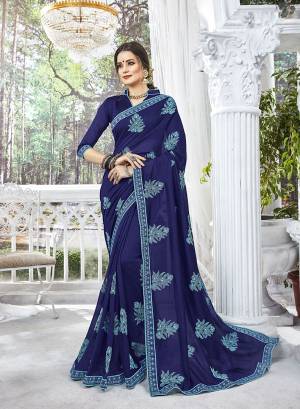 Celebrate This Festive Season Wearing This Designer Silk Based Saree In Navy Blue Color Paired With Navy Blue Colored Blouse. This Saree And Blouse Are Silk Based Beautified With Thread Embroidery And Stone Work .
