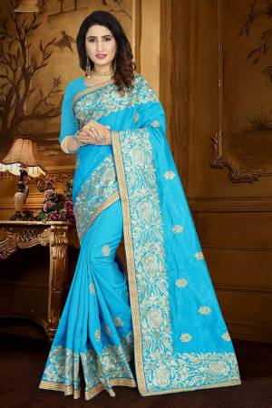 Simple And Elegant looking Designer Saree Is Here In Sky Blue Color Paired With Sky Blue Colored Blouse. This Saree And Blouse Are Silk Based Beautified With Heavy And Attractive Embroidery. Buy Now.