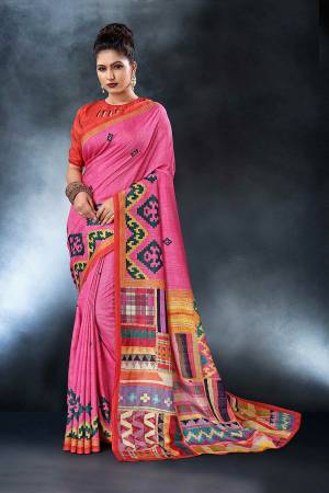Add This Pretty Saree For your Semi-Casual Wear With Digital Prints All Over. This Saree And Blouse Are Fabricated On Tussar Art Silk Which Ensures Superb Comfort All Day Long.