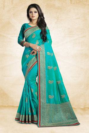 Grab This Designer Silk Based Saree In Blue Color Paired With Blue Colored Blouse. This Saree And Blouse Are Fabricated On Art Silk Beautified With Jari Embroidery And Stone Work. Buy Now.