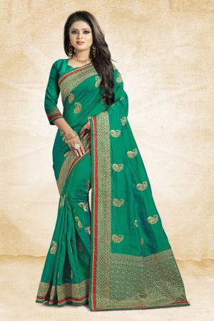Grab This Designer Silk Based Saree In Green Color Paired With Green Colored Blouse. This Saree And Blouse Are Fabricated On Art Silk Beautified With Jari Embroidery And Stone Work. Buy Now.