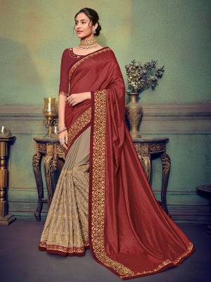 Presenting this maroon and Grey color two tone silk and bright georgette saree. Ideal for party, festive & social gatherings. this gorgeous saree featuring a beautiful mix of designs. Its attractive color and designer heavy embroidered saree, stone design, beautiful floral design work over the attire & contrast hemline adds to the look. Comes along with a contrast unstitched blouse.