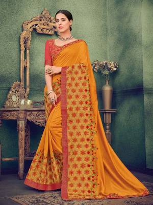 You can this amazing saree from and look pretty like never before. wearing this Musturd Yellow color two tone silk with pattern saree. this gorgeous saree featuring a beautiful mix of designs. look gorgeous at an upcoming any occasion wearing the saree. Its attractive color and designer heavy embroidered saree, stone design, beautiful floral design work over the attire & contrast hemline adds to the look. Comes along with a contrast unstitched blouse.