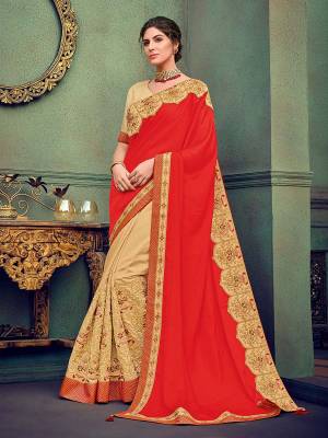 Presenting this Orange And Cream color silk fabrics with sateen saree. look gorgeous at an upcoming any occasion wearing the saree. this party wear saree won't fail to impress everyone around you. Its attractive color and designer heavy embroidered saree, stone design, beautiful floral design work over the attire & contrast hemline adds to the look. Comes along with a contrast unstitched blouse.