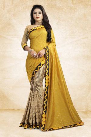 Here Is A Designer Saree In Unique Skirt Pallu Pattern. This Saree Is In Yellow And Beige Color Paired With beige Colored Blouse. This Saree Is Fabricated On Jacquard Silk Paired With Art Silk Fabricated Blouse. Its Rich Silk Fabric Earn You Lots Of Compliments From Onlookers. 