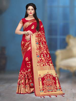 Grab This Pretty Saree For The Upcoming Festive Season With This?Heavy Woven Saree Fabricated On Banarasi Art Silk Paired With Banarasi Art Silk Fabricated Blouse. This Saree And Blouse Are Light Weight And Easy To Carry Throughout The Gala