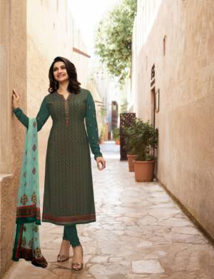 Add This Very Pretty Designer Straight Suit In Teal Green Color Paired With Light Blue Colored Dupatta. Its Top And Bottom Are Crepe Based Paired With Chiffon Dupatta. 