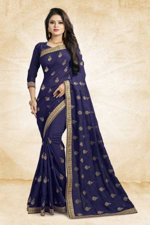 This Festive Season, Grab This Designer Saree In Navy Blue Color Paired?With Navy Blue Colored Blouse. This Saree And Blouse Are Silk Based Beautified With heavy Attractive Embroidery