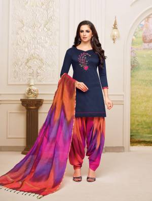 Enhance Your Personality Wearing This Designer Patiala Suit In Navy Blue Colored Top Paired With Multi Colored Bottom And Dupatta. This Dress Material Is Fabricated On Soft Silk, Get This Stitched As Per Your Desired Fit And Comfort. 