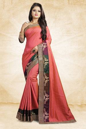 Rich And Elegant Looking Designer Silk Based Saree Is Here In Pink Color Paired With Brown Colored Blouse. This Saree And Blouse are Fabricated On Art Silk Beautified With Emroidered Lace. Buy Now.