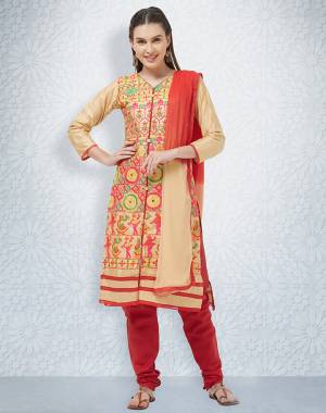 Grab This Designer Straight Suit For Your Casuals In Cream And Red Color. This Dress Material Is Fabricated On Cotton Paired With Chiffon Dupatta. It Is Beautified With Contrasting Thread Work all over The Top. Buy Now.