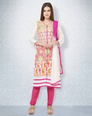 Grab This Designer Straight Suit For Your Casuals In White And Pink Color. This Dress Material Is Fabricated On Cotton Paired With Chiffon Dupatta. It Is Beautified With Contrasting Thread Work all over The Top. Buy Now.