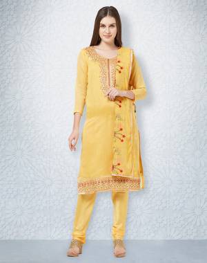 Celebrate This Festive Season Wearing This Designer Straight Suit In Yellow Color. Its Top Is Fabricated On Chanderi Paired With Santoon Bottom And Chiffon Dupatta. It Has Pretty Contrasting Colored Embroidery Which Earn You Lots Of Compliments From Onlookers.