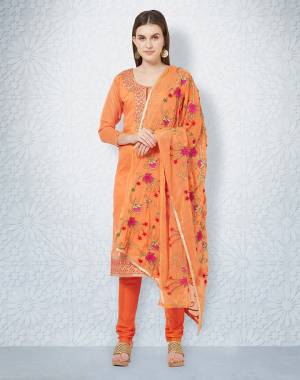 Celebrate This Festive Season Wearing This Designer Straight Suit In Orange Color. Its Top Is Fabricated On Chanderi Paired With Santoon Bottom And Chiffon Dupatta. It Has Pretty Contrasting Colored Embroidery Which Earn You Lots Of Compliments From Onlookers.