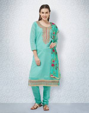 Celebrate This Festive Season Wearing This Designer Straight Suit In Aqua Blue Color. Its Top Is Fabricated On Chanderi Paired With Santoon Bottom And Chiffon Dupatta. It Has Pretty Contrasting Colored Embroidery Which Earn You Lots Of Compliments From Onlookers.