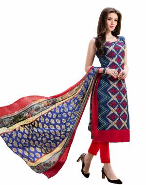 Grab This Designer Dress Material For Your Semi-Casuals In Navy Blue Colored Top Paired With Red Colored Bottom And Multi Colored Dupatta. Its Top Is Fabricated On Chanderi Silk Paired With Cotton Bottom And Chiffon Dupatta. 
