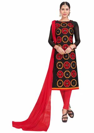 If Those Readymade Suit Does Not Lend You The Desired Comfort, Than Grab This Dress Material In Black Colored Top Paired With Red Bottom And Red Dupatta. Get This Stitched As Per Your Desired Fit And Comfort. 
