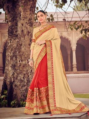 Flaunt a new ethnic look wearing this beige and red color silk fabrics saree. this party wear saree won't fail to impress everyone around you. this gorgeous saree featuring a beautiful mix of designs. Its attractive color and designer heavy embroidered design, stone design work, beautiful floral design all over in saree work over the attire & contrast hemline adds to the look. Comes along with a contrast unstitched blouse.