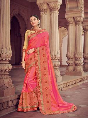 you Look striking and stunning afler wearing this Pink and orange color two tone silk saree. look gorgeous at an upcoming any occasion wearing the saree. this party wear saree won't fail to impress everyone around you. Its attractive color and designer heavy embroidered design, moti design work, patch design, beautiful floral design all over in saree work over the attire & contrast hemline adds to the look. Comes along with a contrast unstitched blouse.