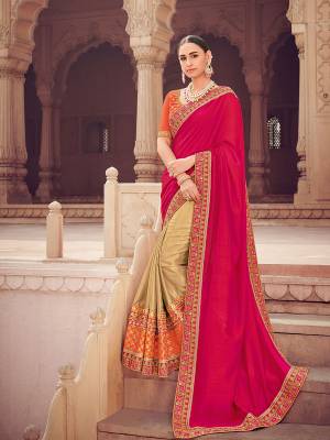 Presenting this Dark Pink and beige color bright georgette with glitter saree. look gorgeous at an upcoming any occasion wearing the saree. this party wear saree won't fail to impress everyone around you. Its attractive color and designer heavy embroidered design, stone design work, beautiful floral design all over in saree work over the attire & contrast hemline adds to the look. Comes along with a contrast unstitched blouse.