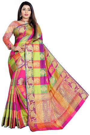 Go Colorful With This Multi Colored Silk Based Saree Paired With Multi Colored Blouse. This Saree And Blouse Are Fabricated On Jacquard Silk Beautified With Weave All Over. 