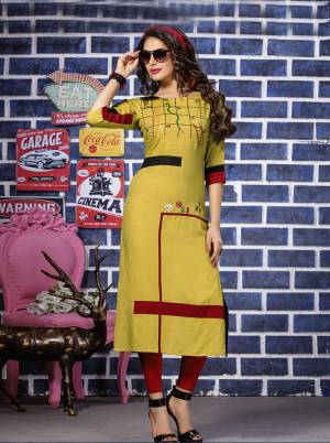 Rich And Elegant Looking Readymade Kurti Is Here In Yellow Color Fabricated On Rayon Beautified With Thread Work. It Is Light Weight And Easy To Carry All Day Long. 