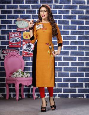 Add This Very Pretty Readymade Kurti To Your Wardrobe In Orange Color. This Kurti IS Fabricated On Rayon Beautified With Thread Work. It Is Suitable For Semi-Casuals Or Office Wear. Buy Now.