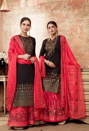 For A Bold and Beautiful Look, Grab This Designer Straight Suit In Black colored Top Paired With Contrasting Pink Colored Bottom And Dupatta. It Is Fabricated On Art Silk Paired With Cotton Bottom And Chiffon Dupatta. 