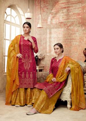 Bright And Visually Appealing color Is Here With This Designer Straight Suit In Dark Pink Colored Top Paired With Musturd Yellow Colored Bottom And Dupatta, Its Rich Silk Fabricated Top IS Paired With Cotton Bottom And Chiffon Dupatta. Buy Now.