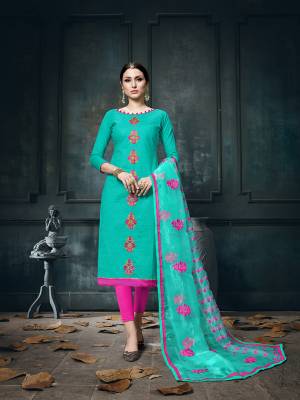 Grab This Designer Dress Material In Sea Green Colored Top Paired With Contrasting Rani Pink Colored Bottom And Sea Green Dupatta. Its Top And Bottom Are Cotton Based Paired With Orgenza Fabricated Dupatta. Buy Now.