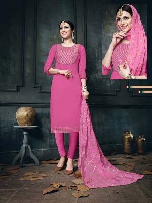For Your Semi-Casuals, Grab This Designer Straight Suit In Pink Paired With Pink Colored Bottom And Dupatta. It Is Cotton Based Paired With Chiffon Fabricated Dupatta. Also It Has Very Pretty Jari Embroidery With Stone Work. 