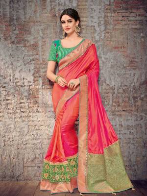 Look your ethnic best by wearing this Fuschia Pink color two tone silk fabrics saree. Ideal for party, festive & social gatherings. this gorgeous saree featuring a beautiful mix of designs. Its attractive color and designer heavy design, stone design, silk art design and beautiful design all over work over the attire & contrast hemline adds to the look. Comes along with a contrast unstitched blouse.