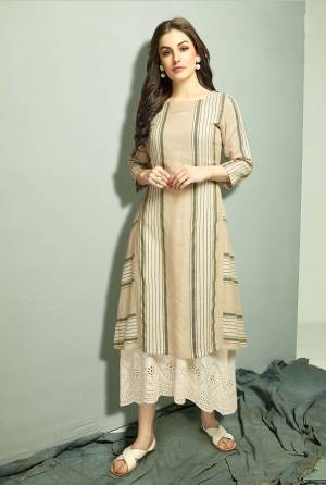 Flaunt Your Rich And Elegant Taste Wearing This Designer Readymade Kurti In Off-White Colored Top Paired With A Very Pretty Over Dress In Beige Color. Both The Top are Cotton Based Which Are Summer Friendly And Also Available In all Sizes. 