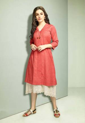 Grab This Designer Patterned Readymade Kurti In Off-White Color Paired With A Very Smart Red Colored Jacket. This Top And Jacket Are Fabricated On Cotton Beautified With Prints And Thread Work. 