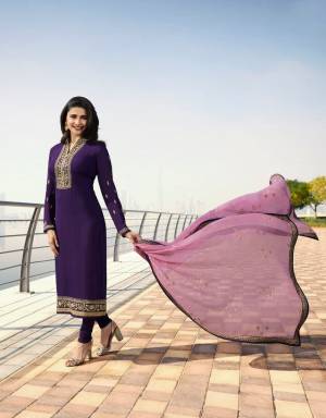 Shine Bright These Summer With This Bright Shades Like This Designer Straight Suit In Violet Color Paired With Contrasting Lilac Colored Dupatta. Its Top Is Fabricated On Georgette Satin Paired With Santoon Bottom And Georgette Fabricated Dupatta. Buy Now.