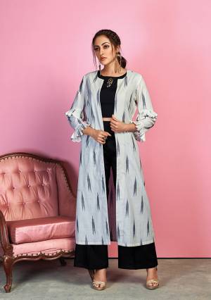 For A Bold And Beautiful Look, Grab This Designer Indo Western Dress In Black Colored Crop Top And Pant Paired With Light Grey Colored Printed Jacket. Its Top And Bottom Are Cotton Satin Based Paired With Handloom Cotton Printed Jacket. 