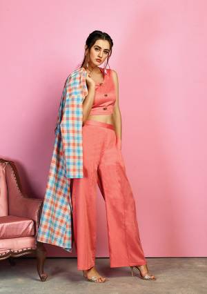 For Your Utmost Comfort Grab This Designer Indo-Western Dress In Dark Peach Colored Crop Top and Pant Paired With Multi Colored Checks Printed Jacket. Its Pretty Top And Pant Are cotton Satin Based Paired With Handloom Cotton Fabricated Jacket. Buy Now.