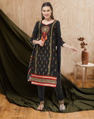 For an All Over Look, Grab This Designer Dress Material In Black Color. This Dress Material Is Cotton Based Paired With Chiffon Fabricated Dupatta. Its Pretty Multi Colored Thread Work Is Giving This Suit An Attractive Look. 