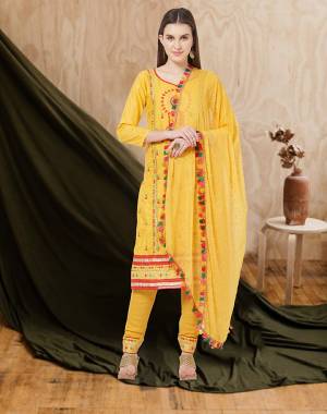 For an All Over Look, Grab This Designer Dress Material In Yellow Color. This Dress Material Is Cotton Based Paired With Chiffon Fabricated Dupatta. Its Pretty Multi Colored Thread Work Is Giving This Suit An Attractive Look. 