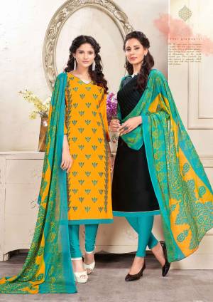 Get This Beautiful Pair Of Dress Material With Two Tops. Its Yellow Top Is Cotton Based and Black Is Chanderi. Paired With Blue Colored Cotton Bottom And Chiffon Dupatta. It Is Beautified With Resham Embroidery And Printed Dupatta. 